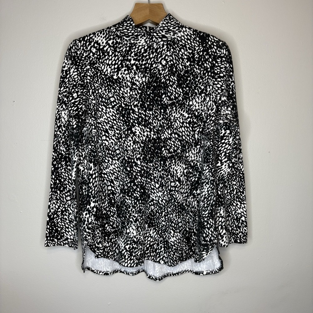 Chico's Women's Sz 2 (Large) Black White Animal Print Mock Neck L/S Tunic Top